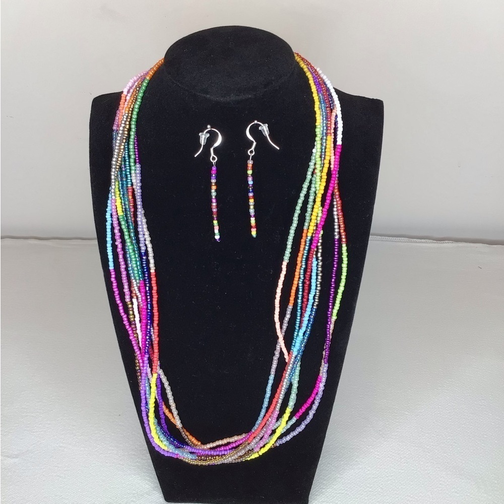 Multi-Colored Multi-Strand Glass Beaded Necklace, Bracelet, & Earring Set.